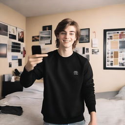 A 19-year-old Caucasian boy with light brown hair styled in a mullet haircut, wearing a black sweatshirt, taking a selfie in his room