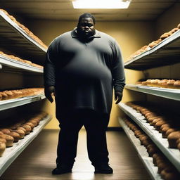 A black, overweight man searching for a cupcake in an abandoned store