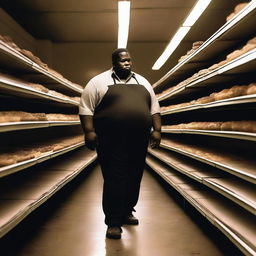 A black, overweight man searching for a cupcake in an abandoned store