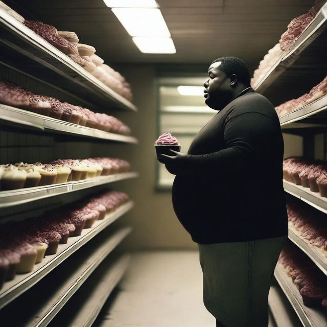 A black, overweight man searching for a cupcake in an abandoned store