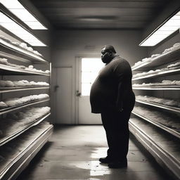 A black, overweight man searching for a cupcake in an abandoned store