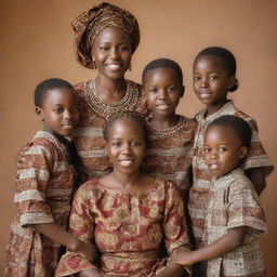 An African mother gracefully embracing her five children. Two boys and three girls, with two of the girls having fair skin complexion, all arrayed in traditional African attire, in a warm, homely setting.