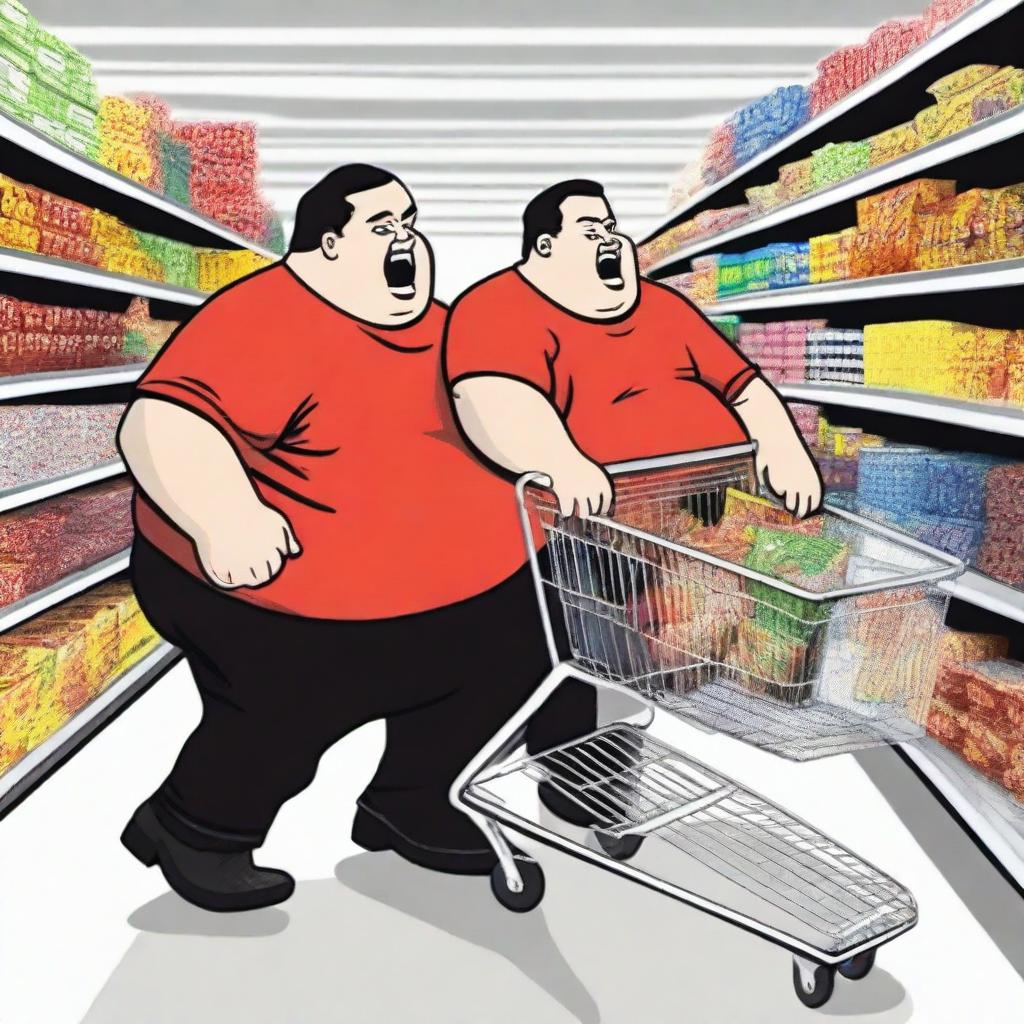 A humorous scene of a fat man wearing a red shirt and black pants chasing another person on a shopping cart