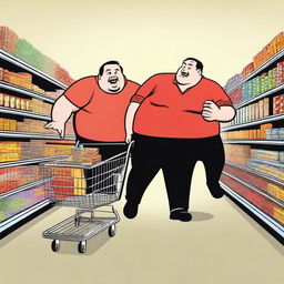 A humorous scene of a fat man wearing a red shirt and black pants chasing another person on a shopping cart