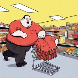 A humorous scene of a fat man wearing a red shirt and black pants chasing another person on a shopping cart