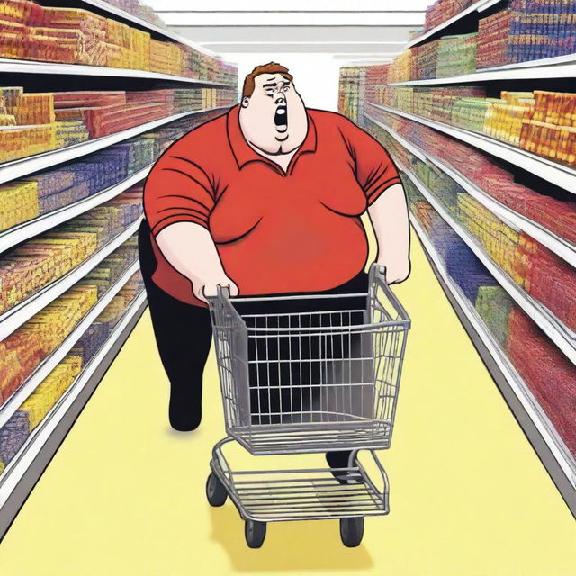 A humorous scene of a fat man wearing a red shirt and black pants chasing another person on a shopping cart