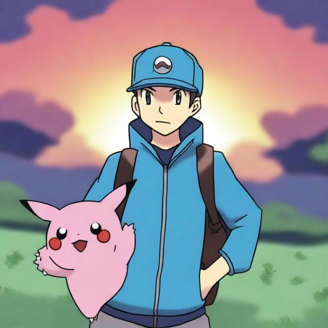 Un entrenador de Pokémon del equipo crepúsculo, con un fondo de atardecer y Pokémon oscuros a su alrededor