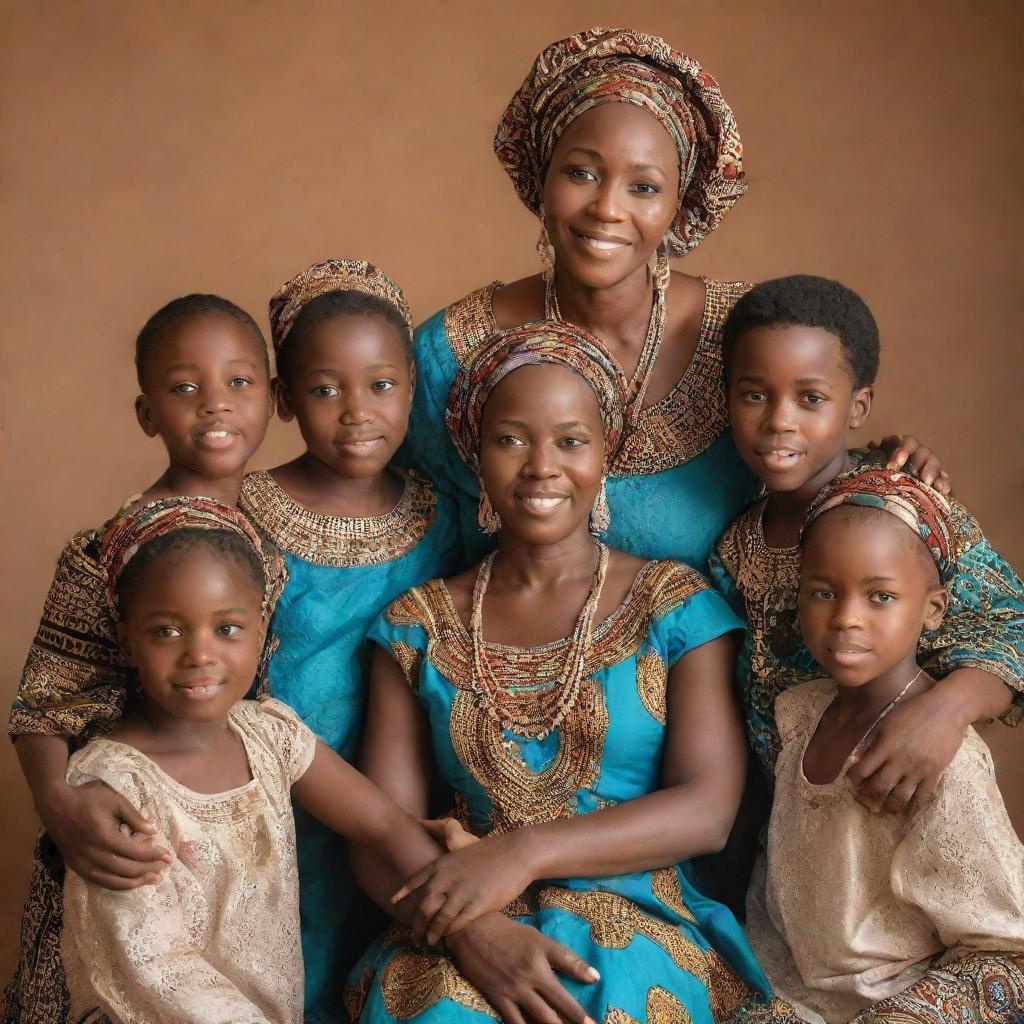 An African mother gracefully embracing her five children. Two boys and three girls, with two of the girls having fair skin complexion, all arrayed in traditional African attire, in a warm, homely setting.