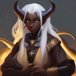 A young female Tiefling with dark skin, long white hair, and yellow eyes