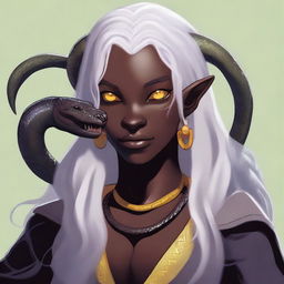 A young female Tiefling with dark skin, long white hair, and yellow eyes