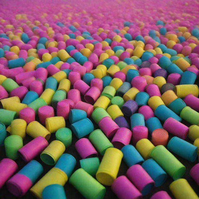 A dynamic pattern formed by hundreds of fluorescent-colored tear gas canisters.