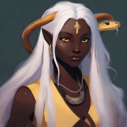 A young female Tiefling with dark skin, long white hair, and yellow eyes