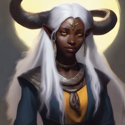 A young female Tiefling with dark skin, long white hair, and yellow eyes