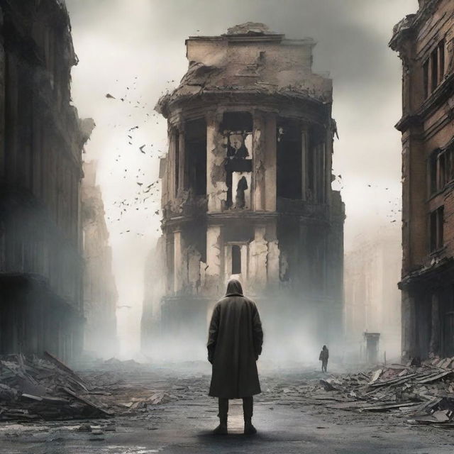 Create a book cover featuring a desolate, ruined city with crumbling buildings and debris scattered across the streets