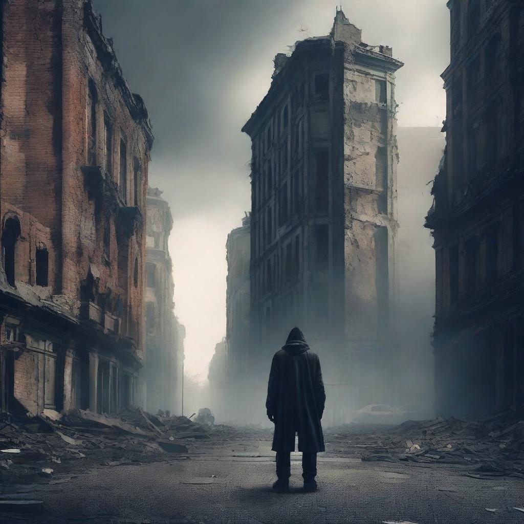 Create a cinematic book cover showcasing a distant ruined city with crumbling buildings and desolate streets