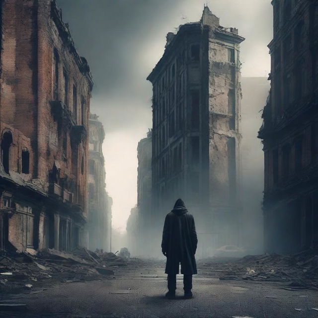 Create a cinematic book cover showcasing a distant ruined city with crumbling buildings and desolate streets