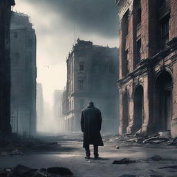 Create a cinematic book cover showcasing a distant ruined city with crumbling buildings and desolate streets