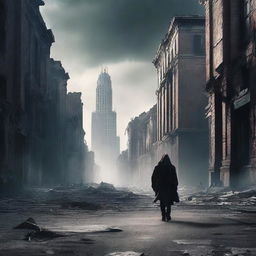 Create a cinematic book cover showcasing a distant ruined city with crumbling buildings and desolate streets