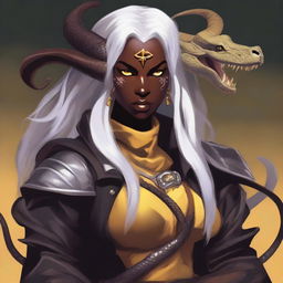 A young female Tiefling with dark skin, long white hair, and yellow eyes