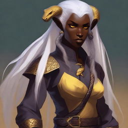 A young female Tiefling with dark skin, long white hair, and yellow eyes