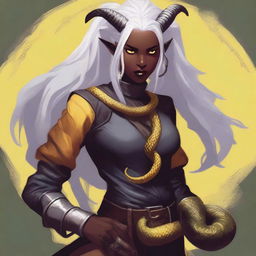 A young female Tiefling with dark skin, long white hair, and yellow eyes