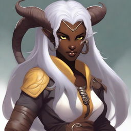 A young female Tiefling with dark skin, long white hair, and yellow eyes