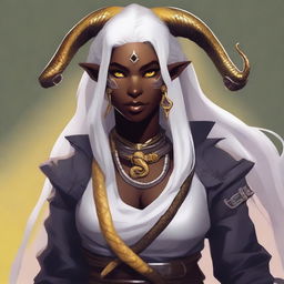 An attractive young female Tiefling with dark skin, long white hair, and yellow eyes