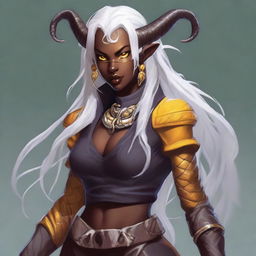 An attractive young female Tiefling with dark skin, long white hair, and yellow eyes