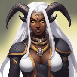 An attractive young female Tiefling with dark skin, long white hair, and yellow eyes