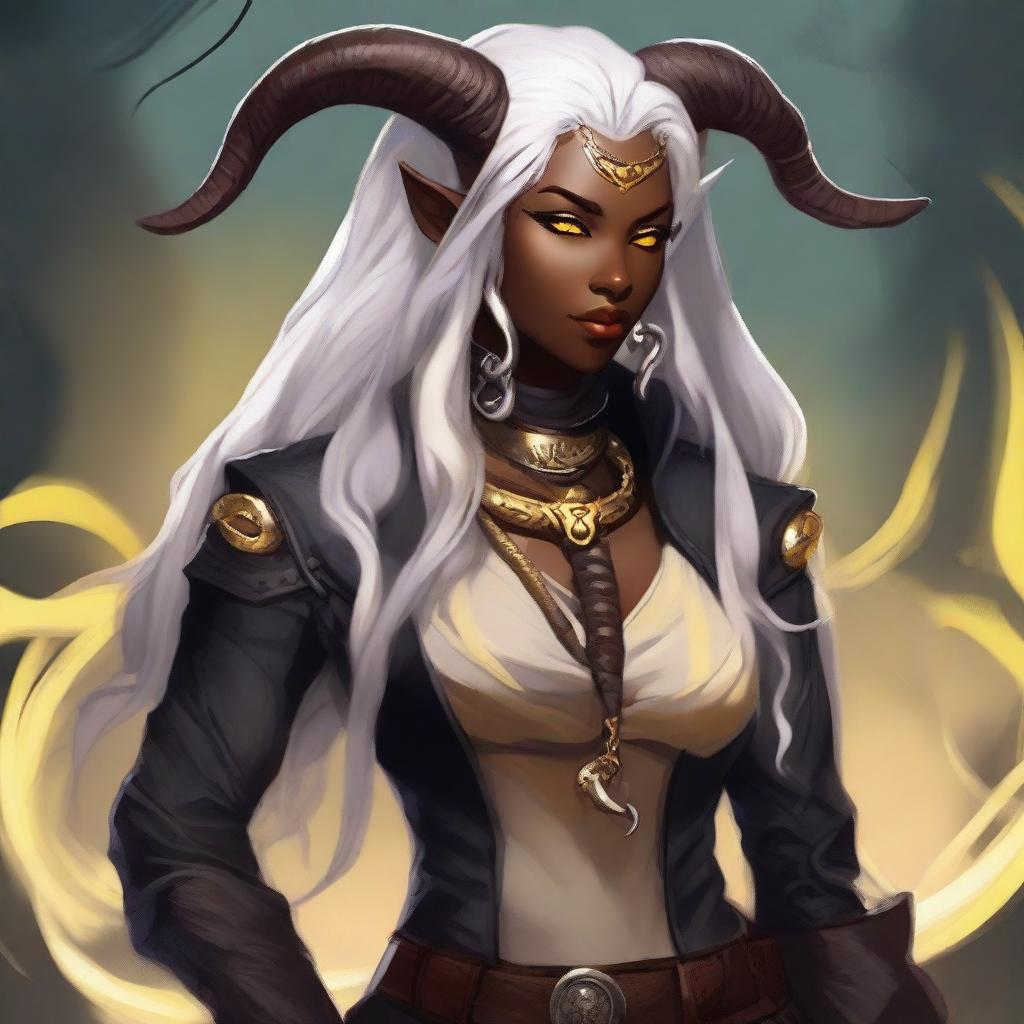 An attractive young female Tiefling with dark skin, long white hair, and yellow eyes