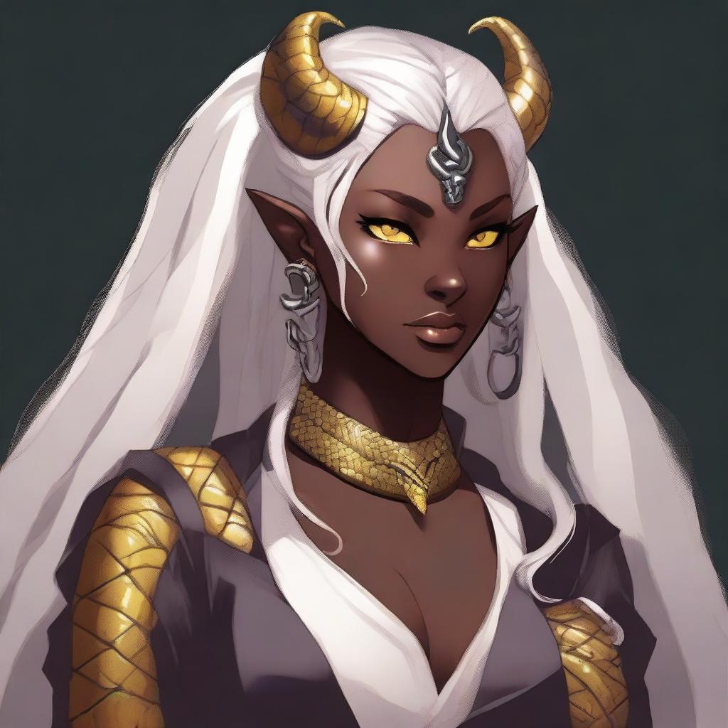 An attractive young female Tiefling with dark skin, subtle makeup, long white hair, and yellow eyes