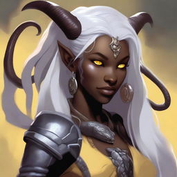 An attractive young female Tiefling with dark skin, subtle makeup, long white hair, and yellow eyes