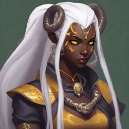 An attractive young female Tiefling with dark skin, subtle makeup, long white hair, and yellow eyes