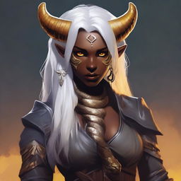 An attractive young female Tiefling with dark skin, subtle makeup, long white hair, and yellow eyes