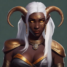 An attractive young female Tiefling with dark skin, subtle makeup, long white hair, and yellow eyes