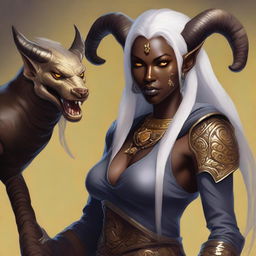 An attractive young female Tiefling with dark skin, subtle makeup, long white hair, and yellow eyes