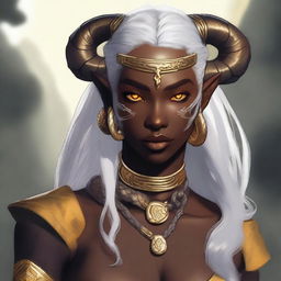 An attractive young female Tiefling with dark skin, subtle makeup, long white hair, and yellow eyes