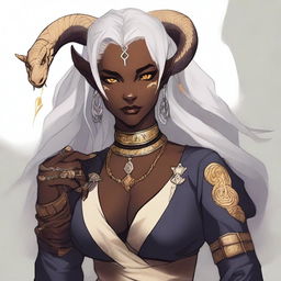 An attractive young female Tiefling with dark skin, subtle makeup, long white hair, and yellow eyes