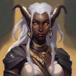 An attractive young female Tiefling with dark skin, subtle makeup, long white hair, and yellow eyes