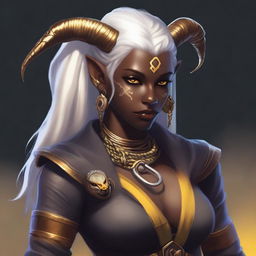 An attractive young female Tiefling with dark skin, subtle makeup, long white hair, and yellow eyes