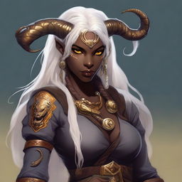 An attractive young female Tiefling with dark skin, subtle makeup, long white hair, and yellow eyes