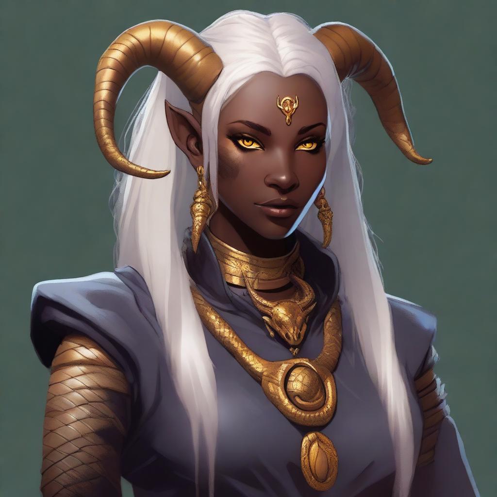 An attractive young female Tiefling with dark skin, subtle makeup, long white hair, and yellow eyes