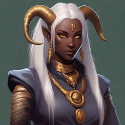 An attractive young female Tiefling with dark skin, subtle makeup, long white hair, and yellow eyes