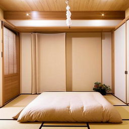 Comfortable Japandi-style bedroom, 5 meters by 4 meters, illuminated by hanging lights. Features include a king-size bed, Lenin curtains, HDF flooring, a flat false ceiling, magnetic tracks, and an open dressing room, all in an off-white color scheme.