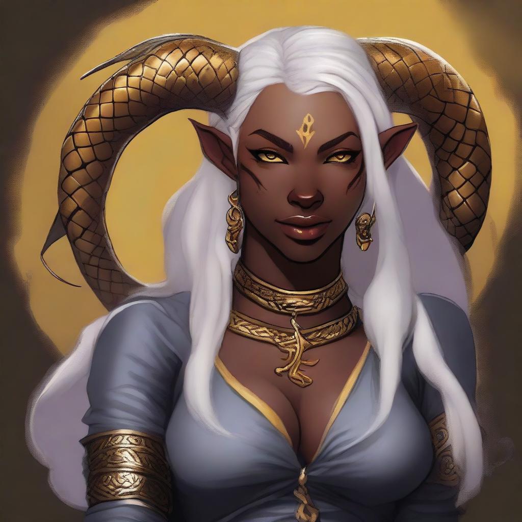 An attractive young female Tiefling with dark skin, subtle makeup, long white hair, and yellow eyes