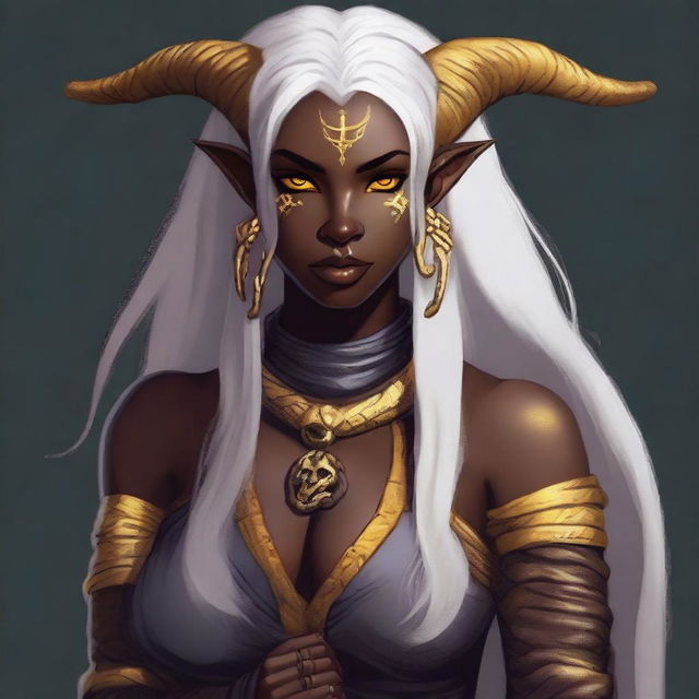 An attractive young female Tiefling with dark skin, subtle makeup, long white hair, and yellow eyes