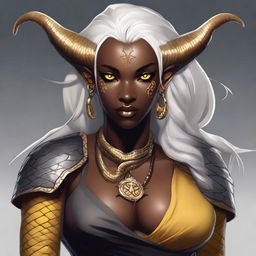 An attractive young female Tiefling with dark skin, subtle makeup, long white hair, and yellow eyes