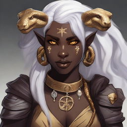 An attractive young female Tiefling with dark skin, subtle makeup, long white hair, and yellow eyes