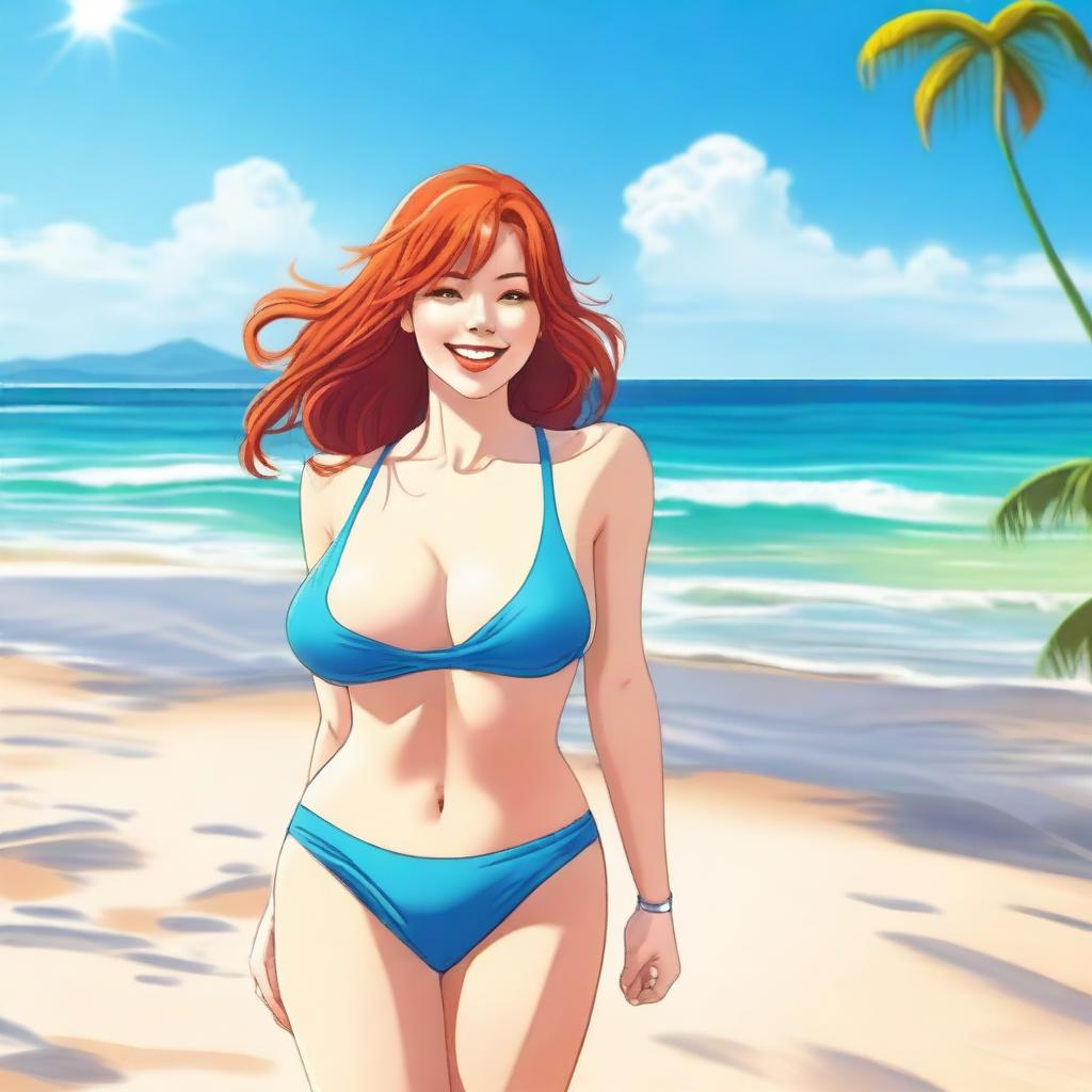 A red-haired woman with large breasts and thighs in a swimsuit, standing by the beach