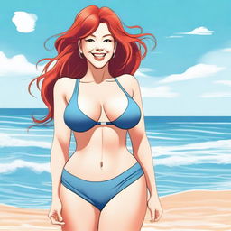 A red-haired woman with large breasts and thighs in a swimsuit, standing by the beach